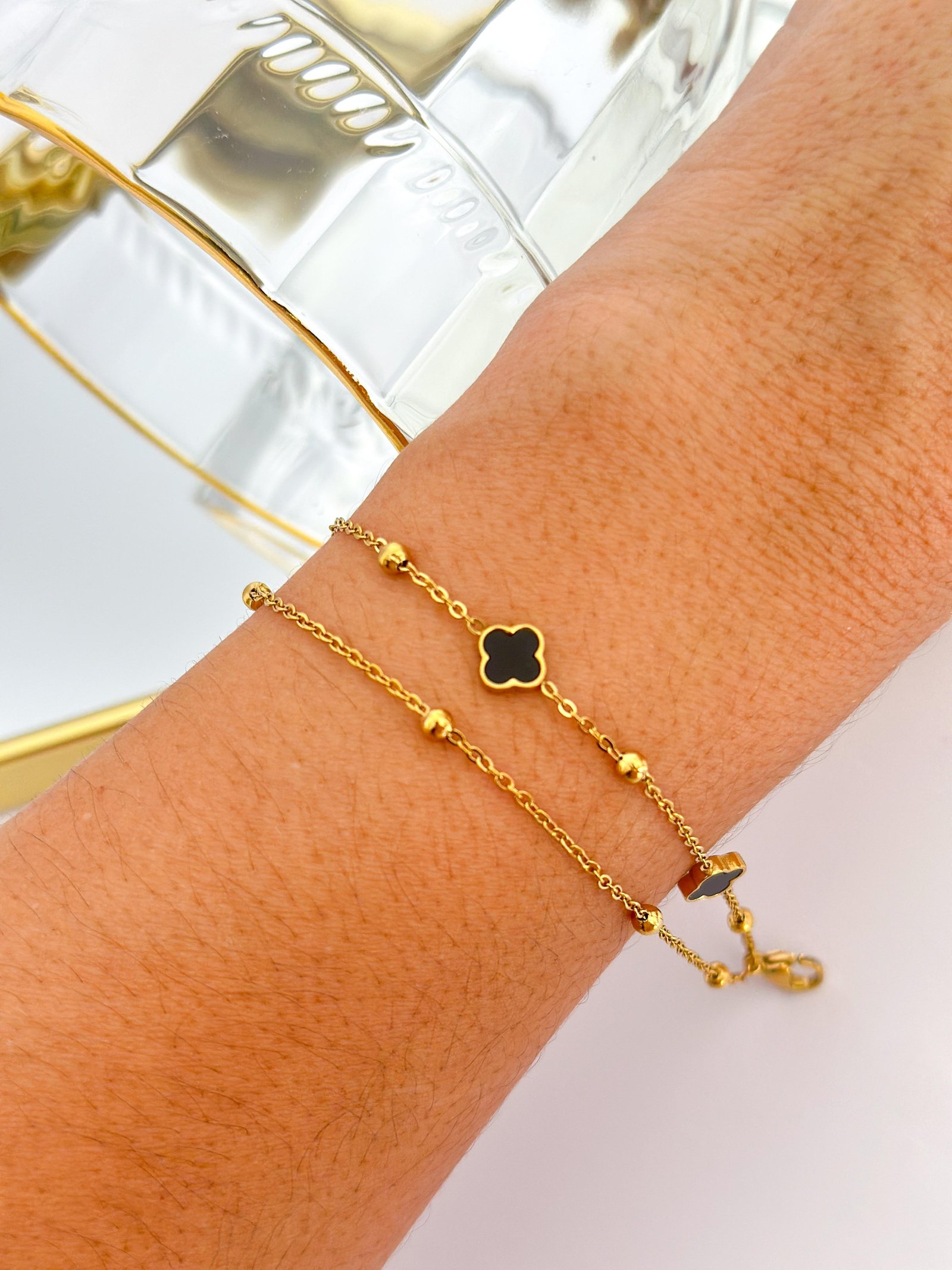 Pulseira Aço Inox Trevo e Bolinha Dourada 