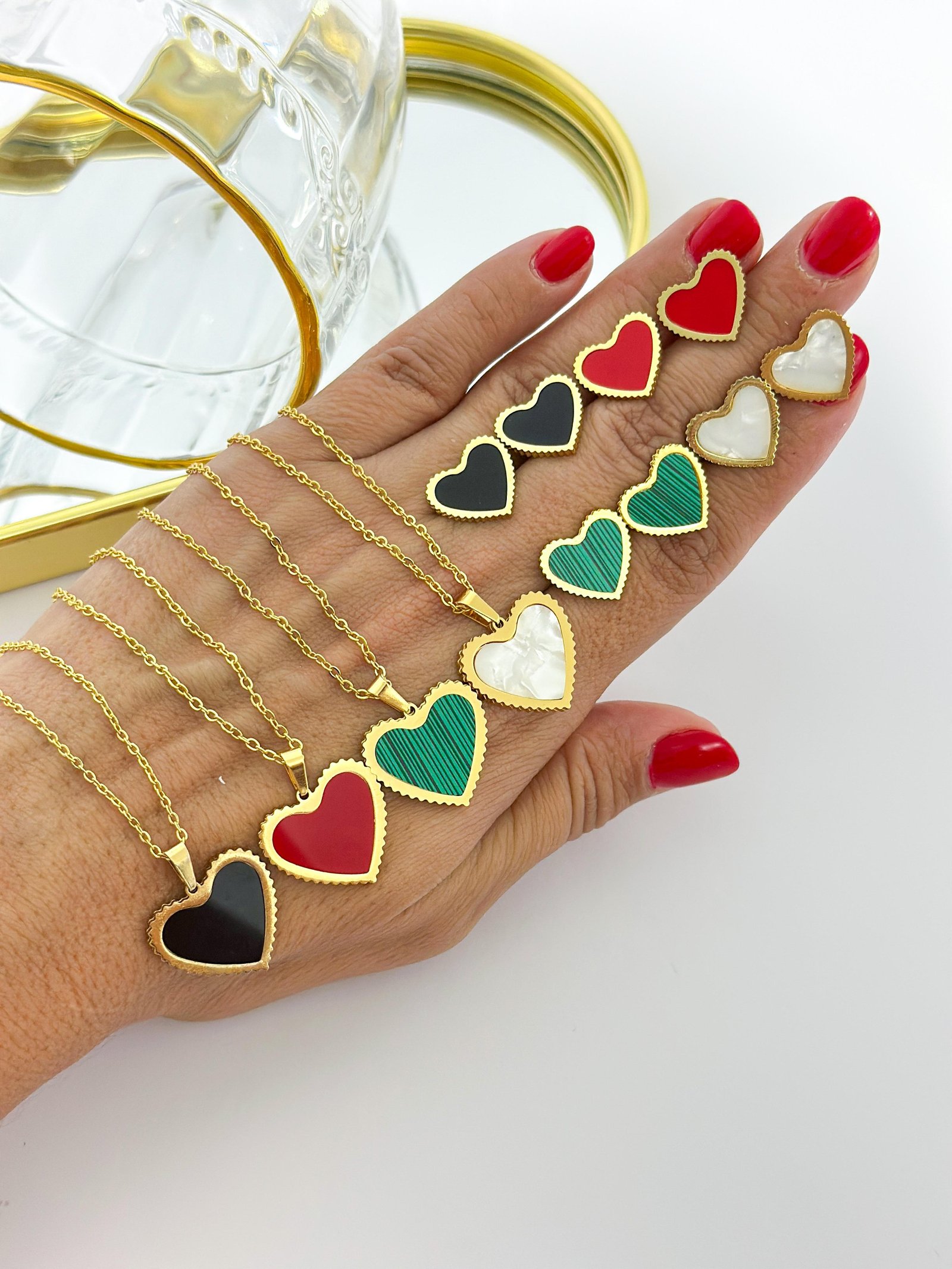 Conjunto Aço Inox Coração Resinado 