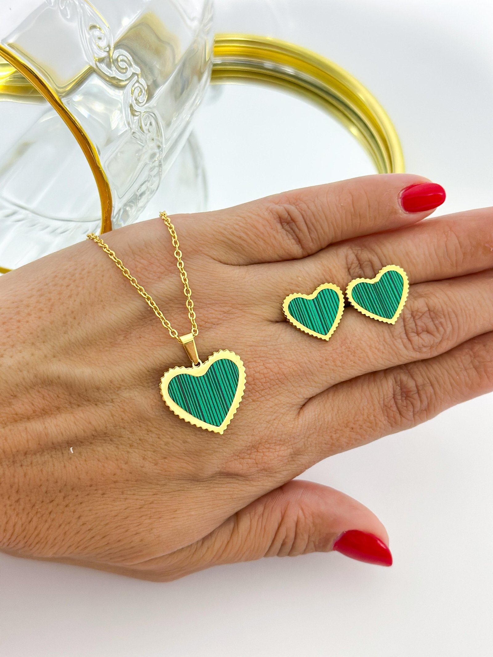 Conjunto Aço Inox Coração Resinado 