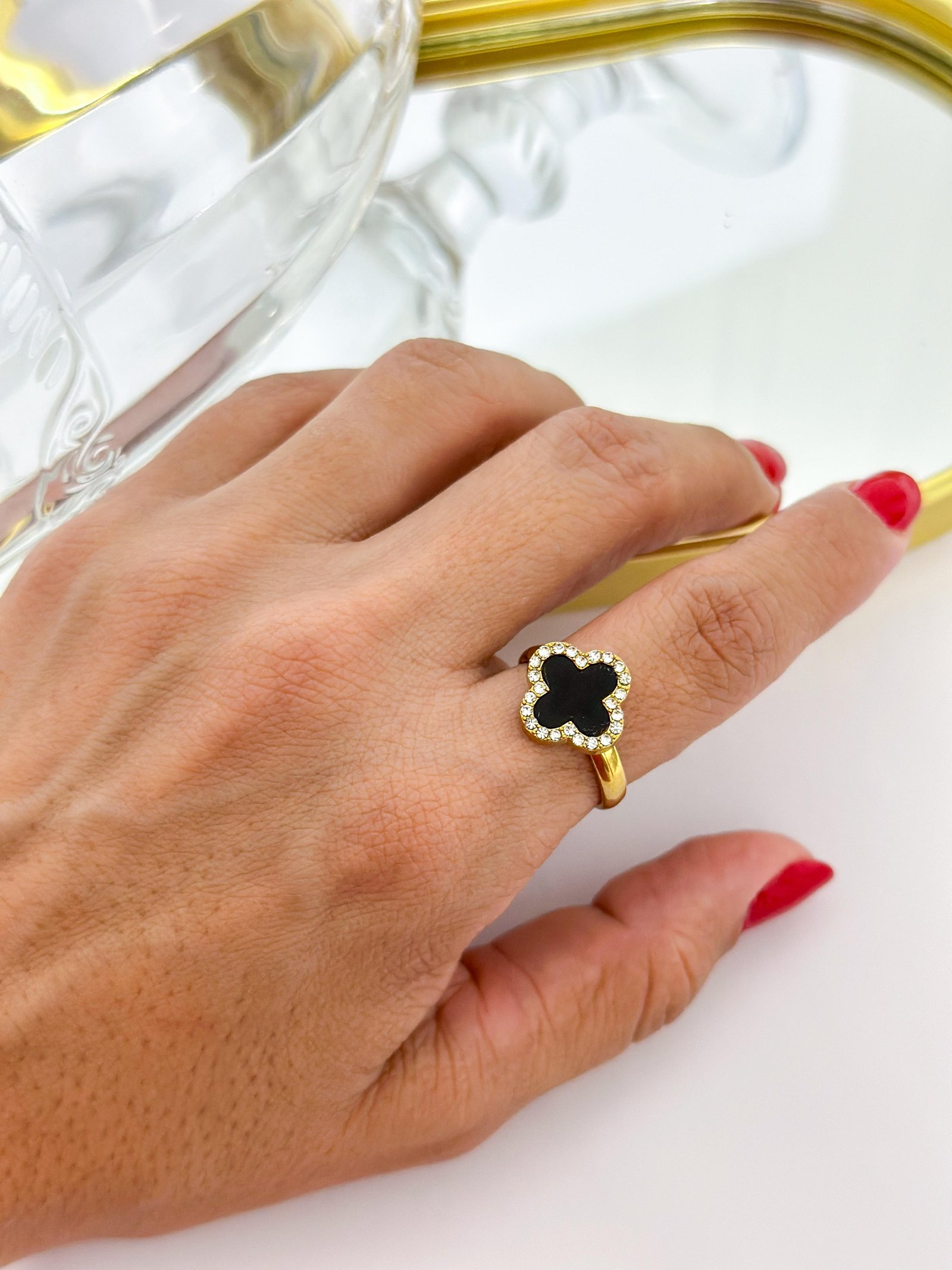 Anel Aço Inox Virginia Color strass Preto Dourado 