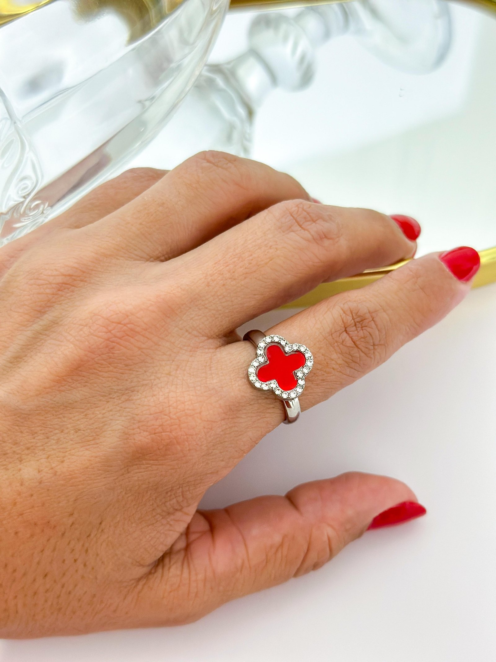 Anel Aço Inox Virginia Color strass Vermelho Prata