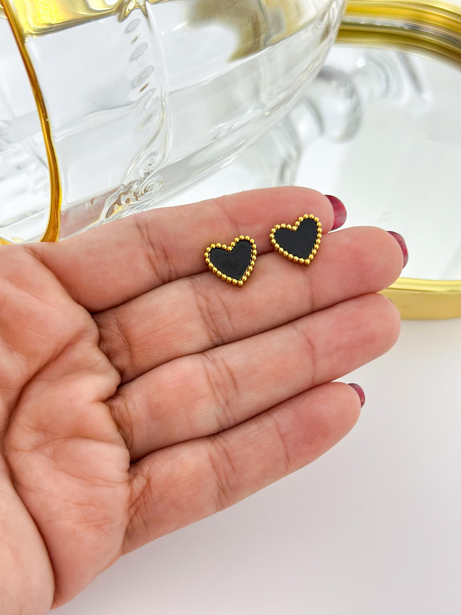 Brinco Aço Inox Coração Resina 