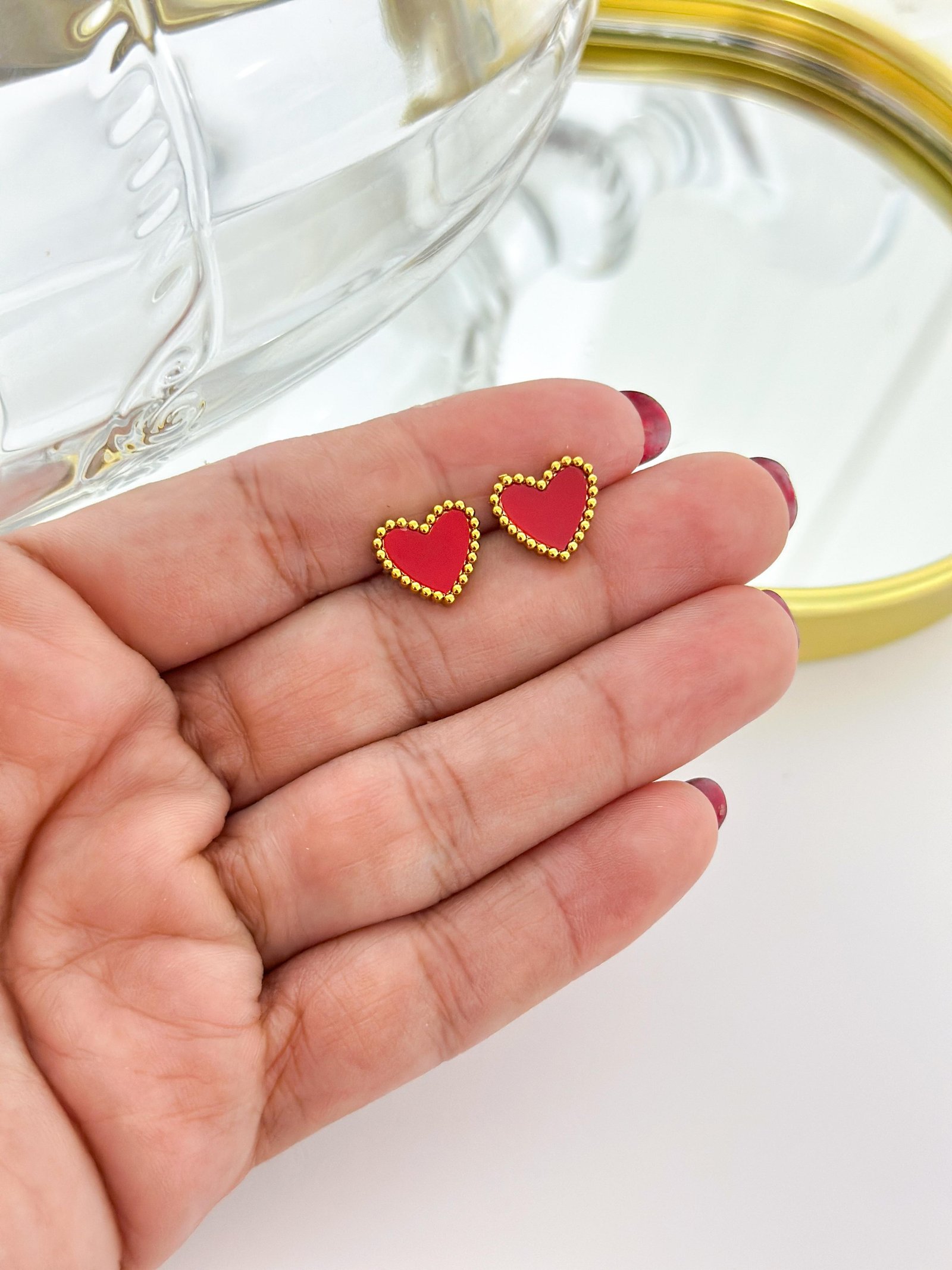 Brinco Aço Inox Coração Resina 