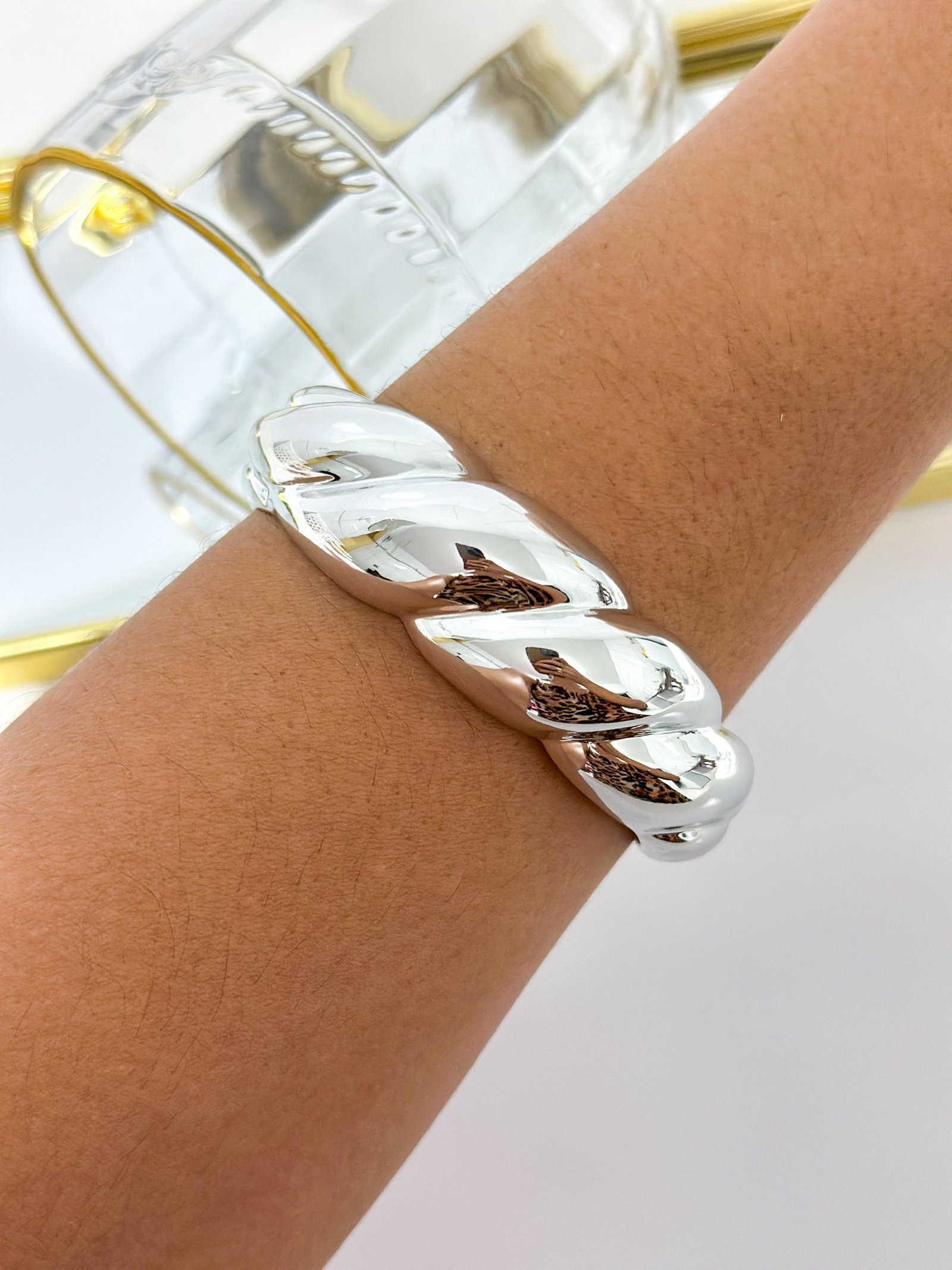 Bracelete Folheado Robusto ABS Trançado Prata