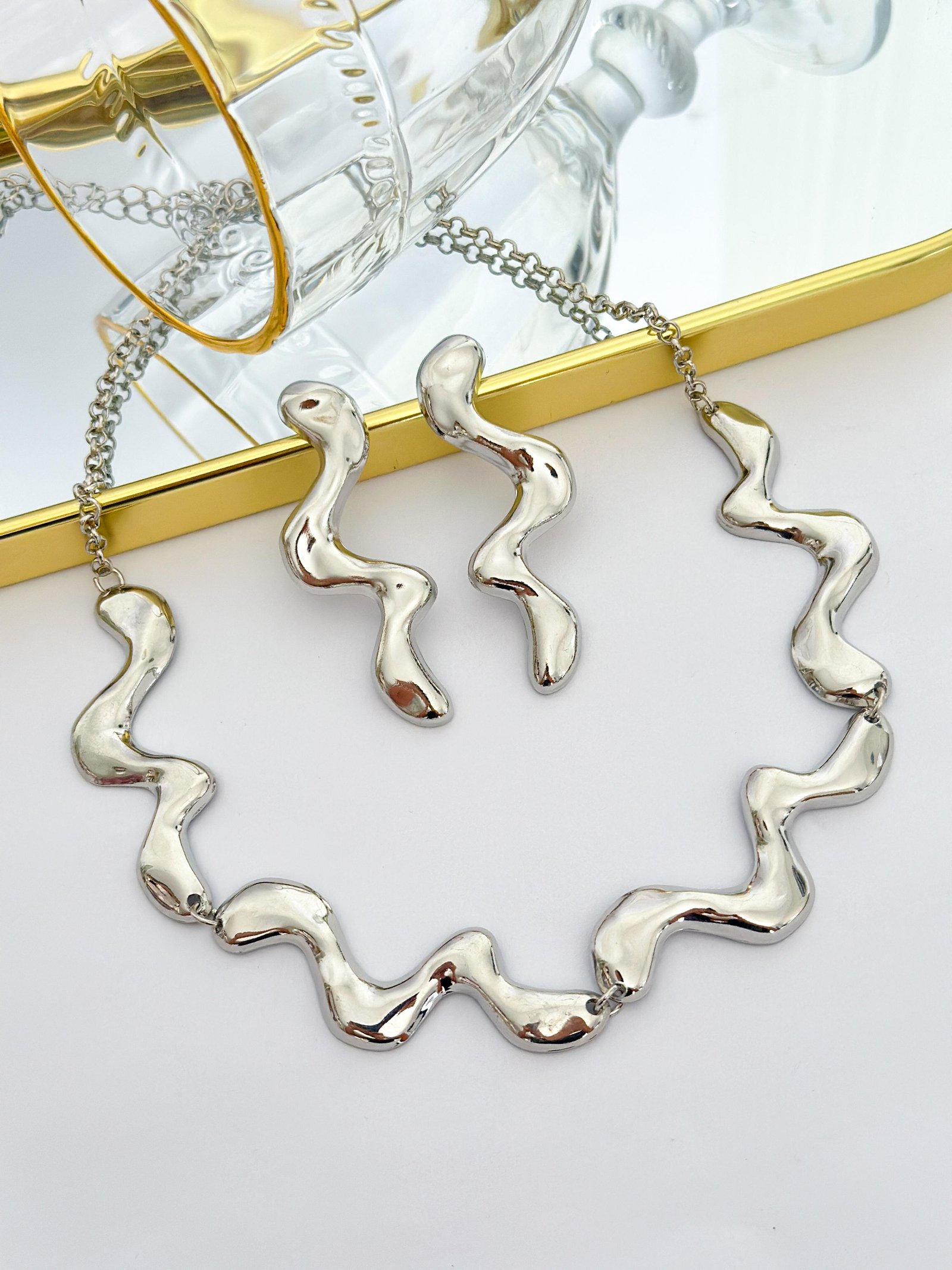 Conjunto Folheado Organico Onda Prata