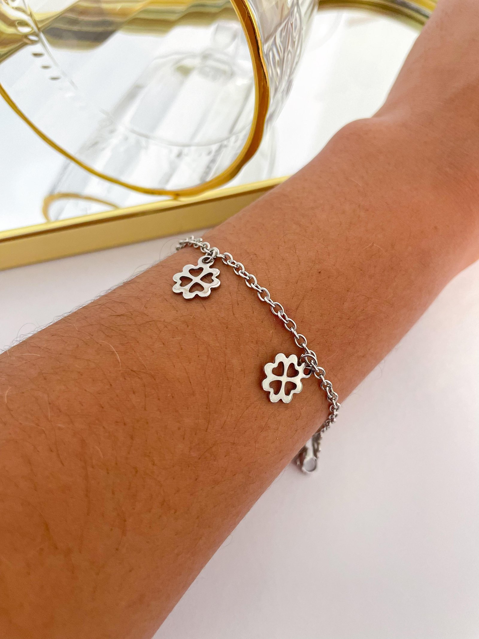 Pulseira Aço Inox Trevo Prata 