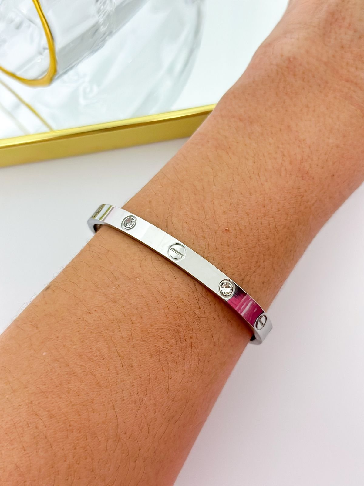 Bracelete Aço Inox Cartier Cravejado Prata 