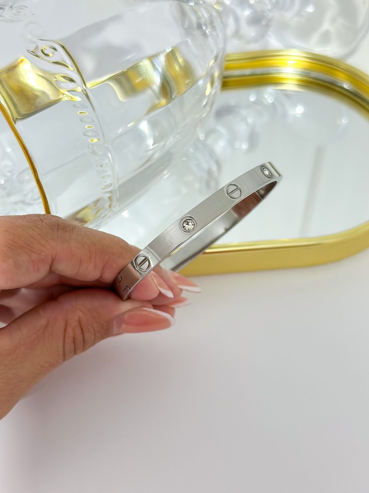 Bracelete Aço Inox Cartier Cravejado Prata 