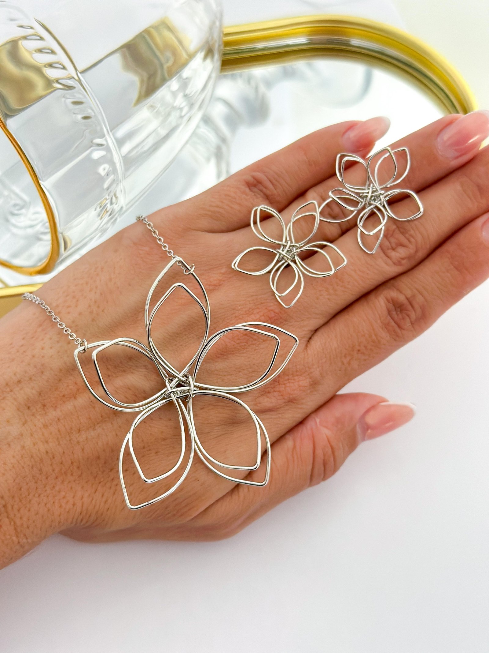 Conjunto Folheado Flor Prata 