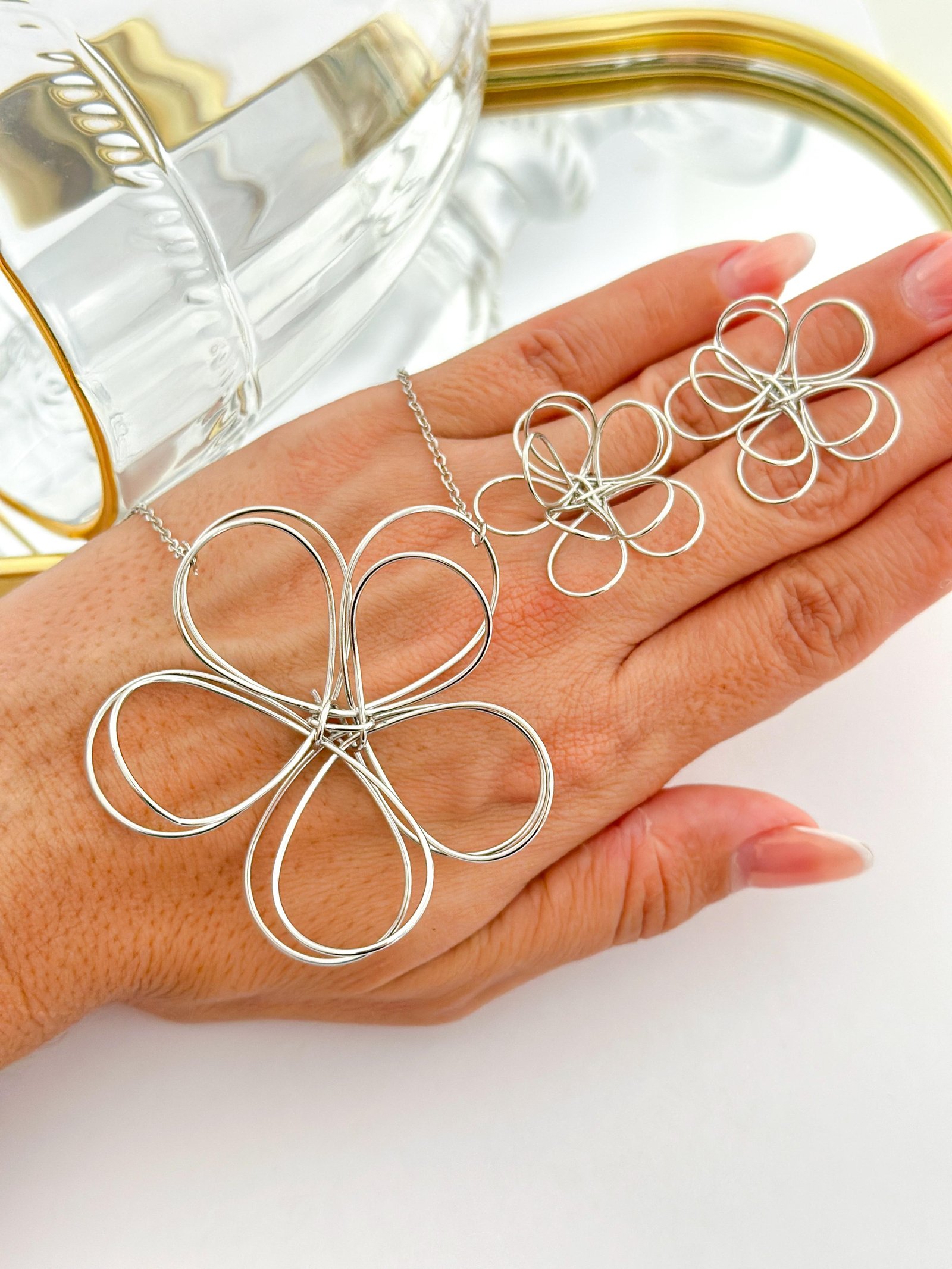 Conjunto Folheado Flor Prata 