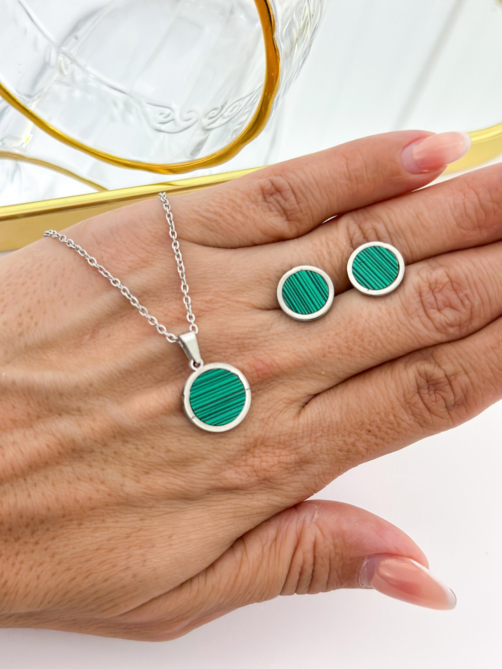 Conjunto Aço Inox Circulo Resinado  Prata 