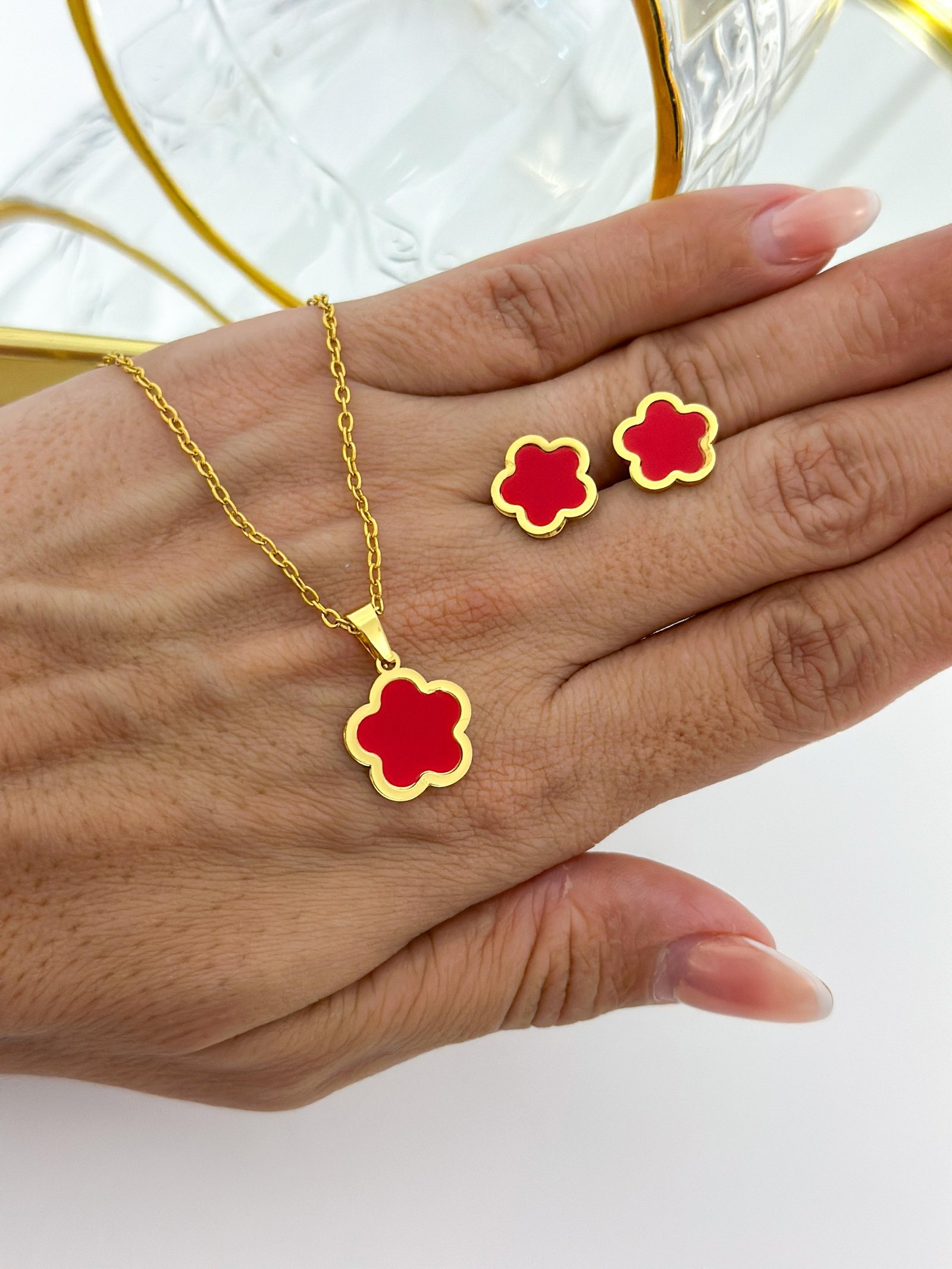 Conjunto Aço Inox Flor Resinado Dourado 