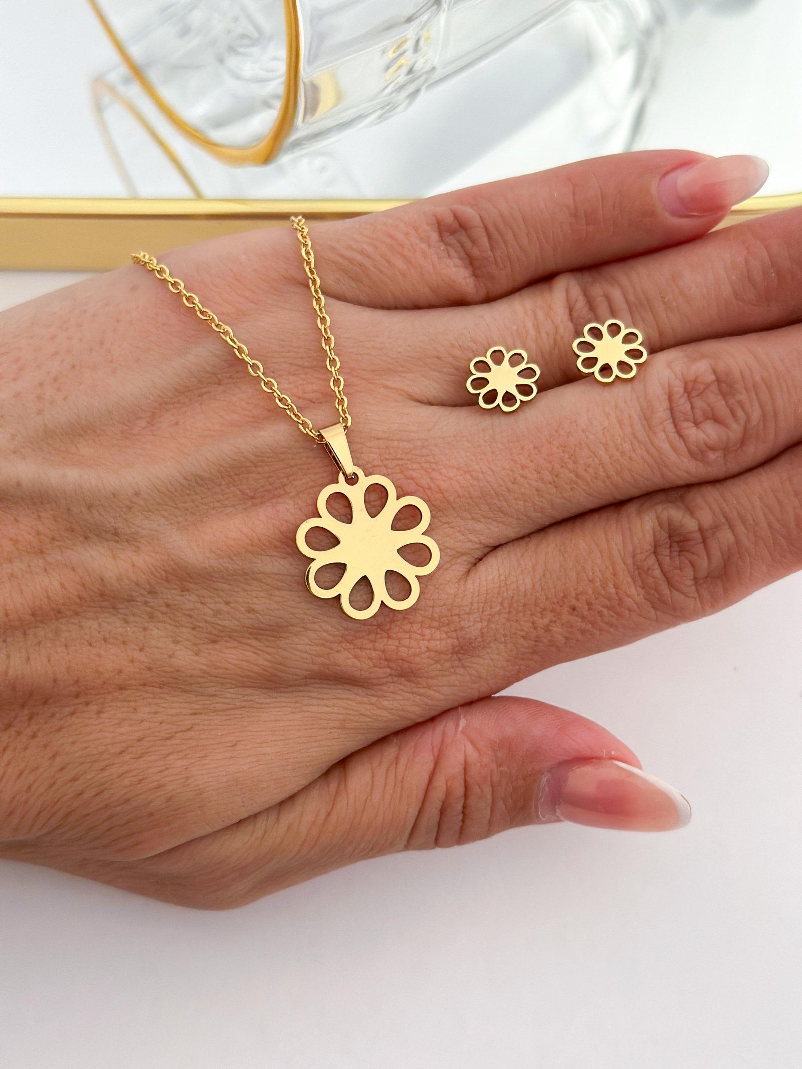 Conjunto Aço Inox Flor Dourado 