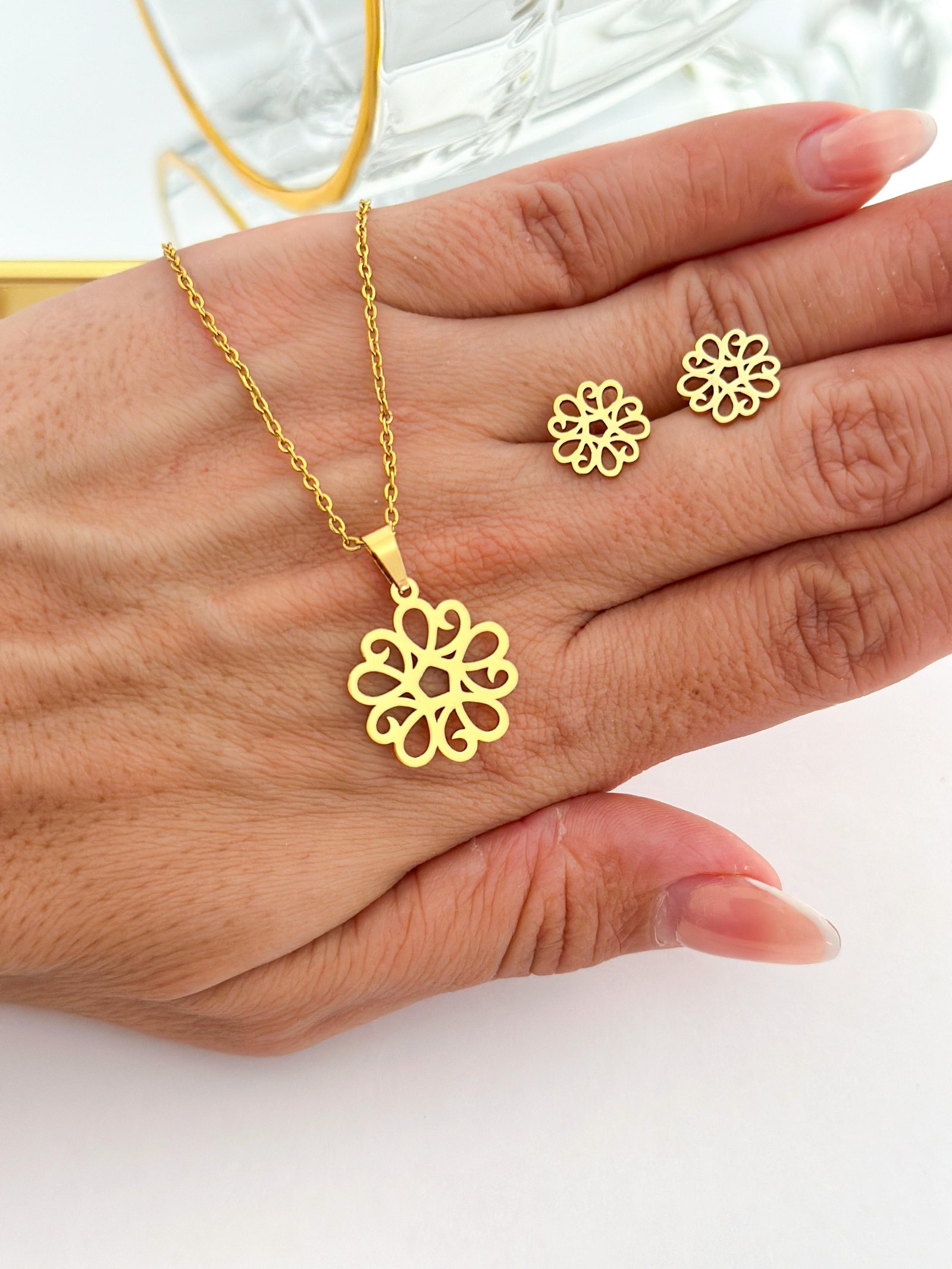 Conjunto Aço Inox Flor Dourado 