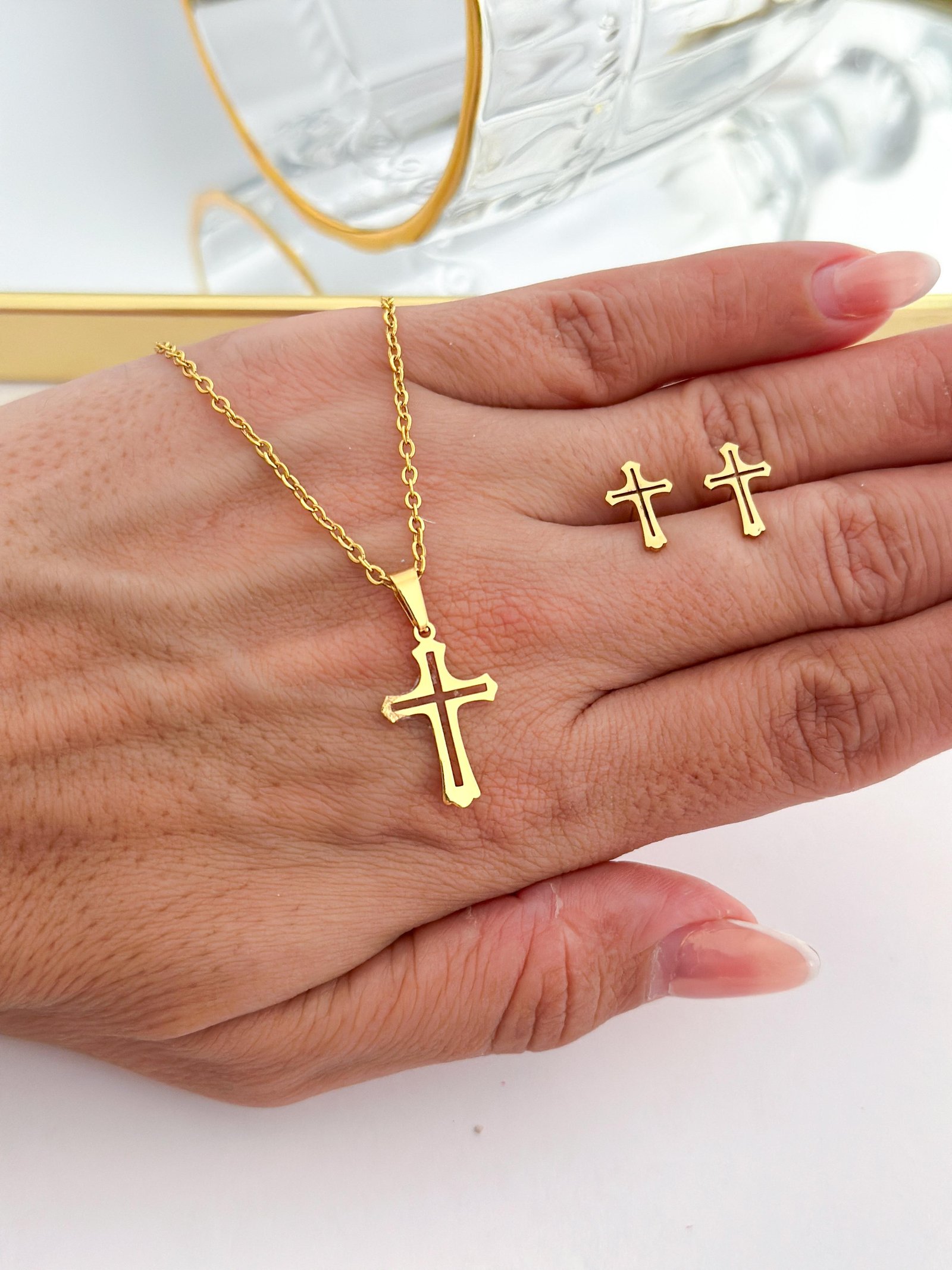 Conjunto Aço Inox Cruz Dourado 