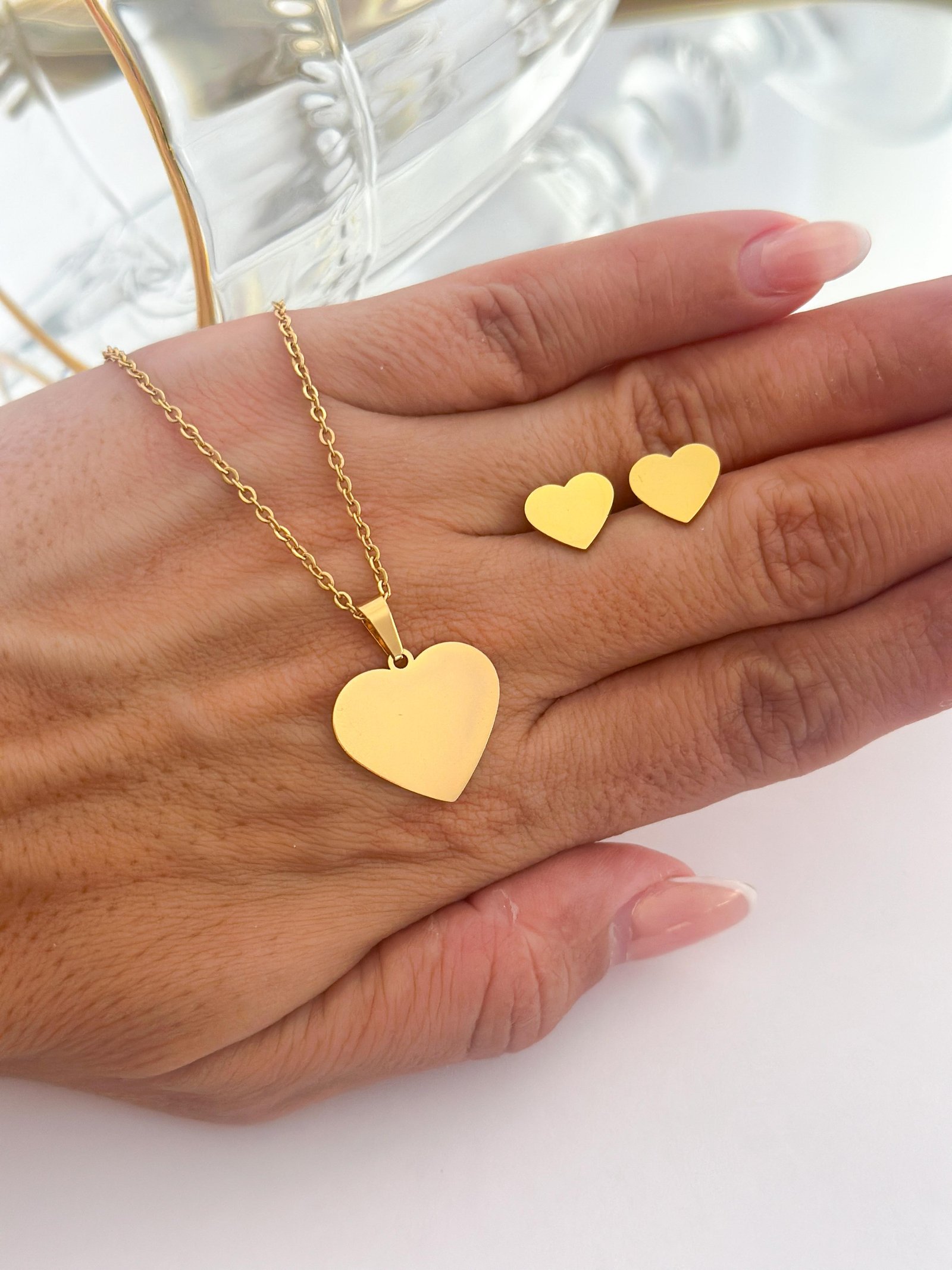 Conjunto Aço Inox Coração Dourado 