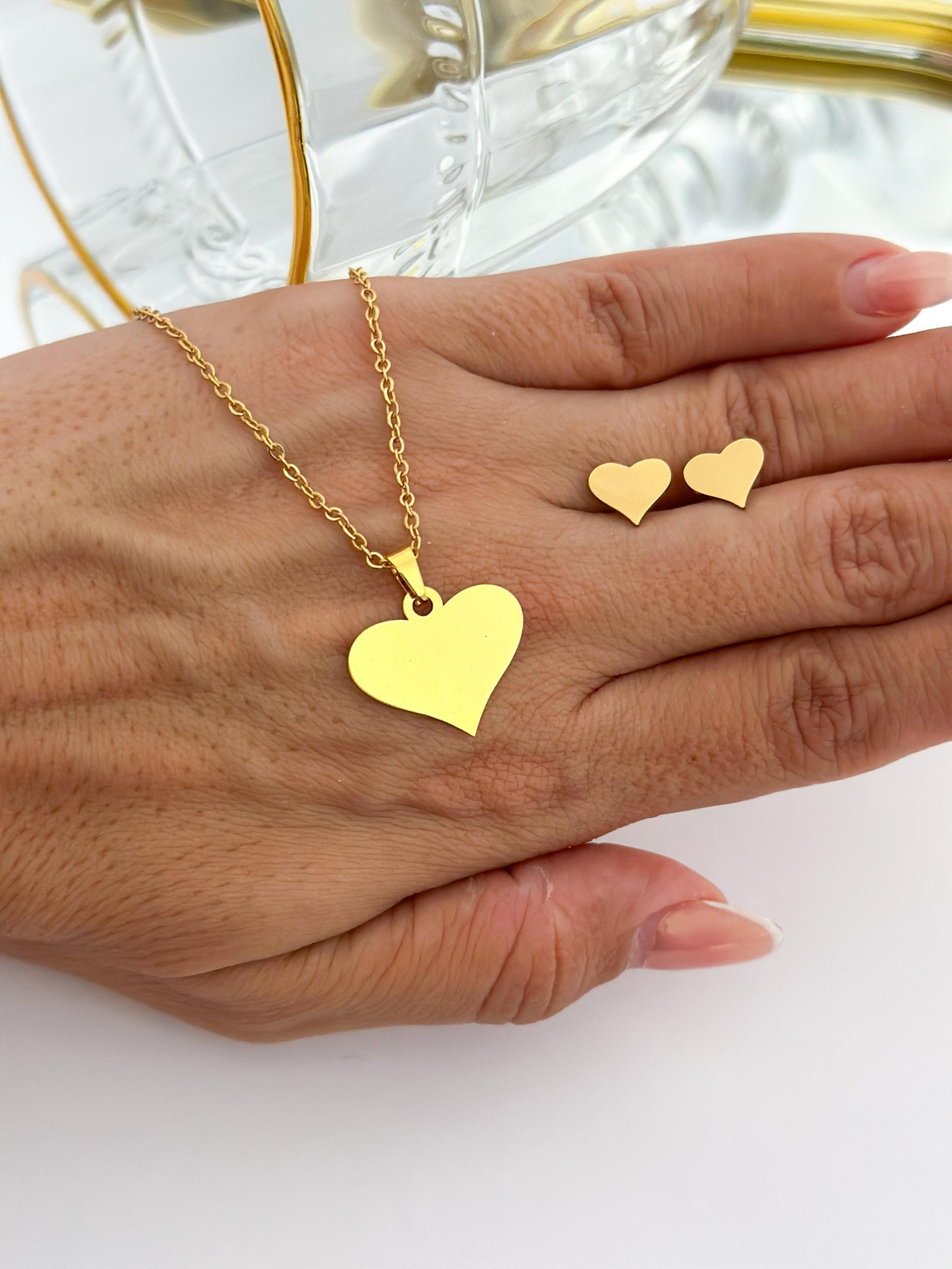 Conjunto Aço Inox Coração Dourado 