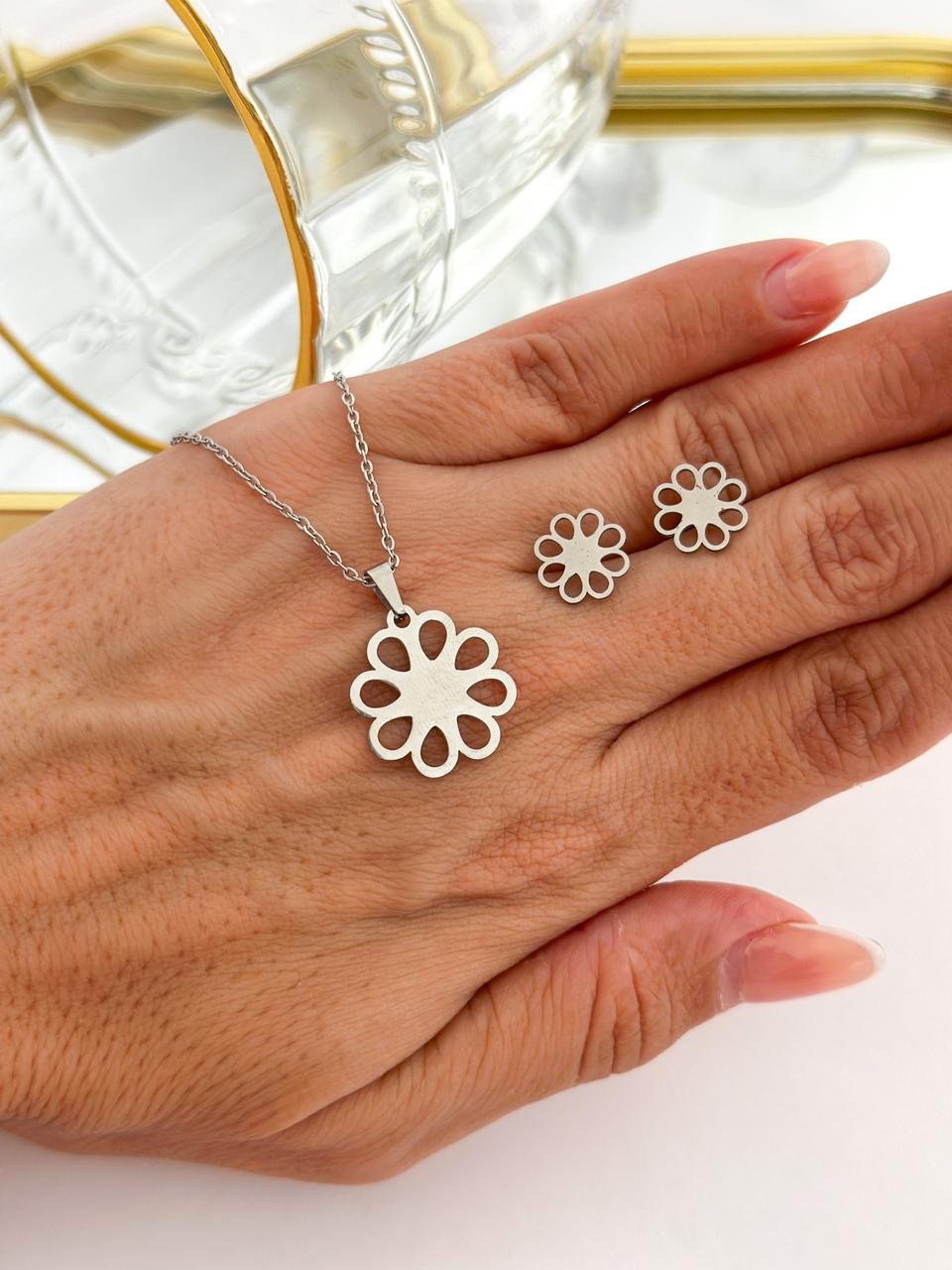 Conjunto Aço Inox Flor Prata  