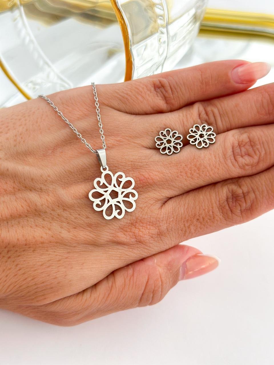 Conjunto Aço Inox Flor Prata  