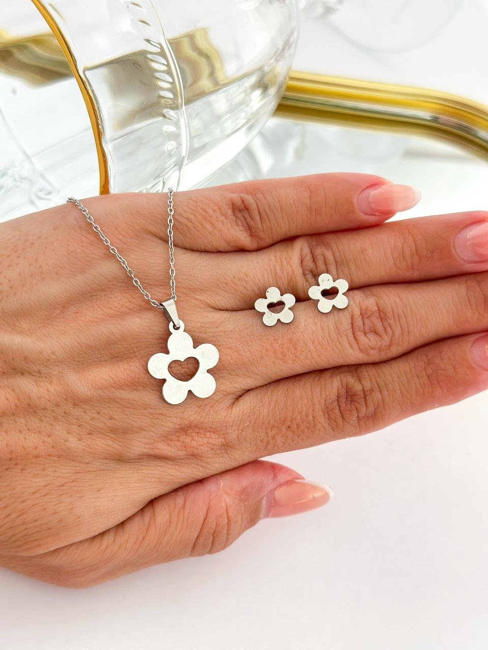 Conjunto Aço Inox Flor Prata  