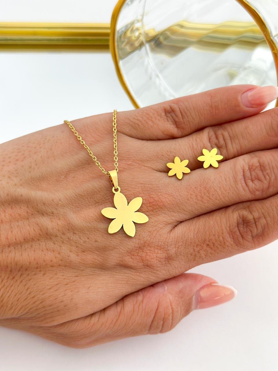 Conjunto Aço Inox Flor Dourado   