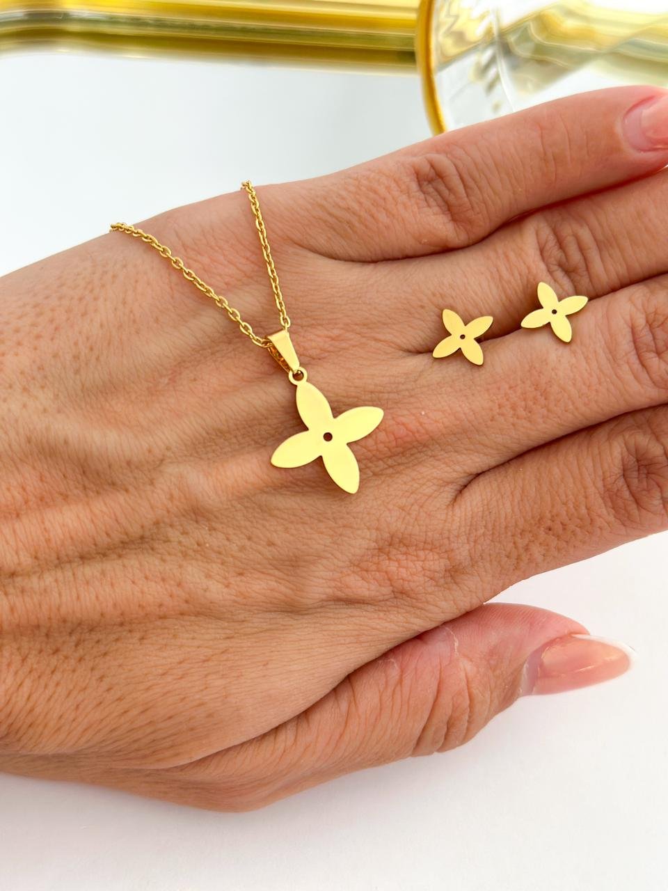 Conjunto Aço Inox Flor Dourado   