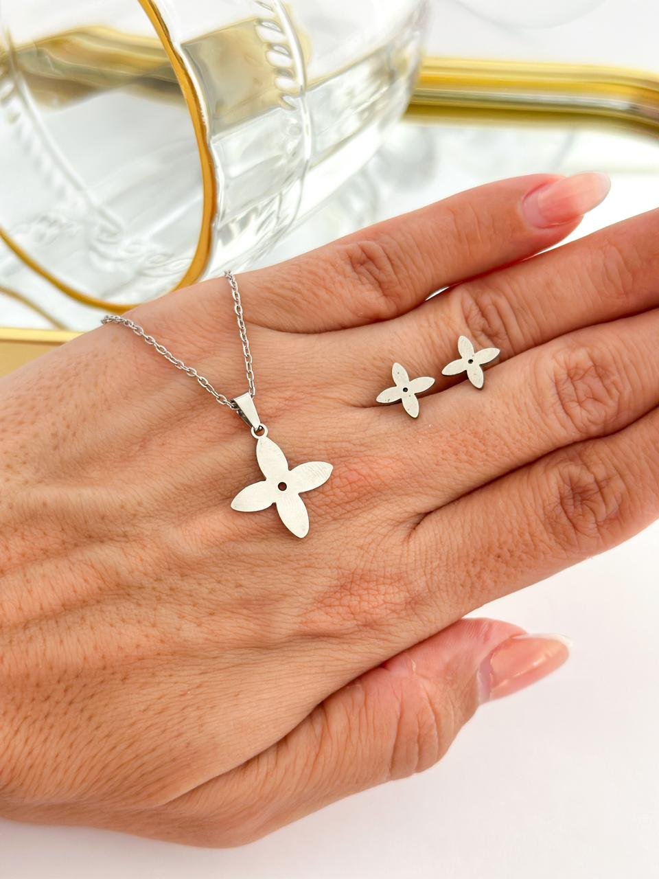 Conjunto Aço Inox Flor Prata  