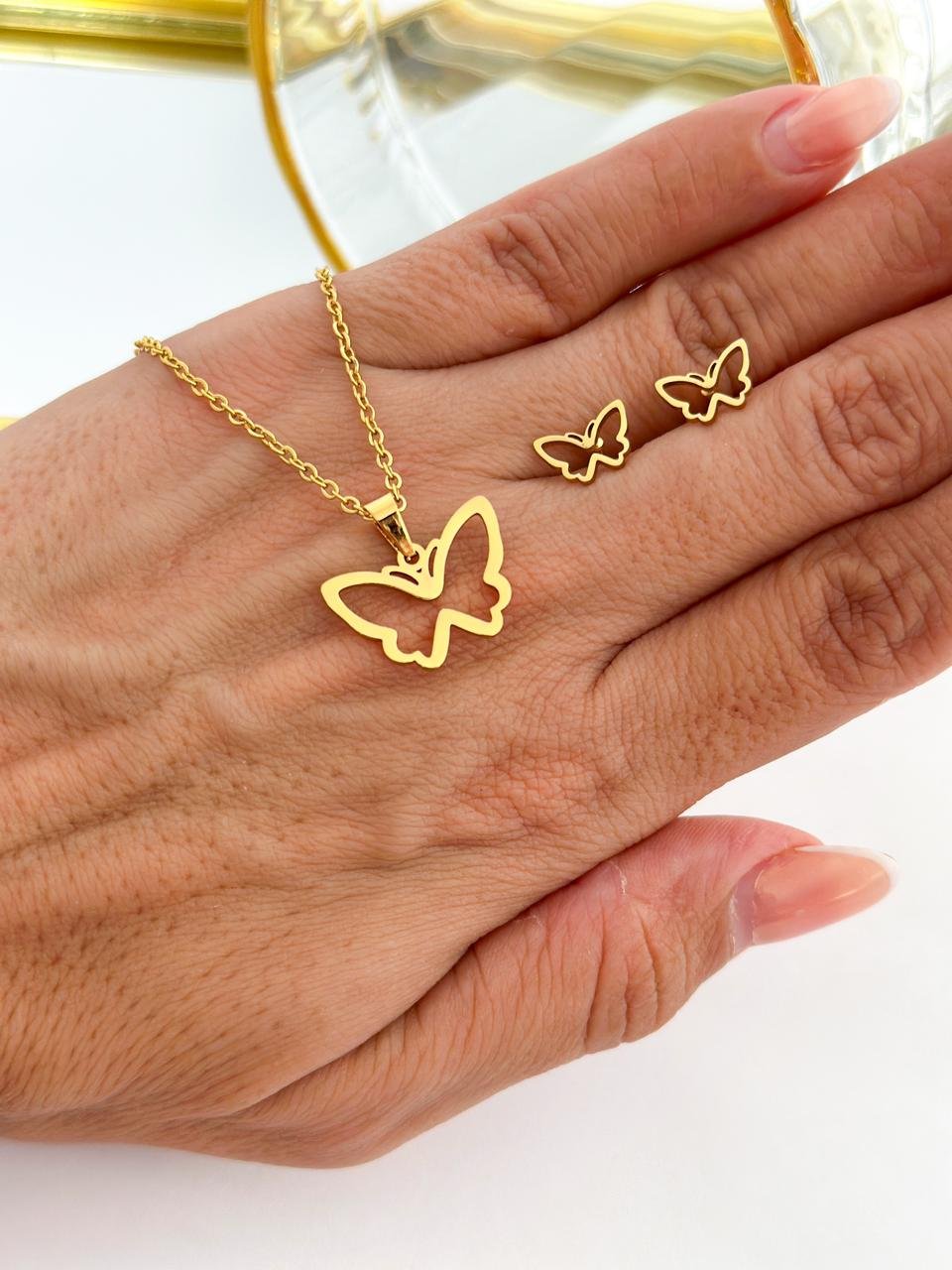 Conjunto Aço Inox Borboleta Vazada Dourado