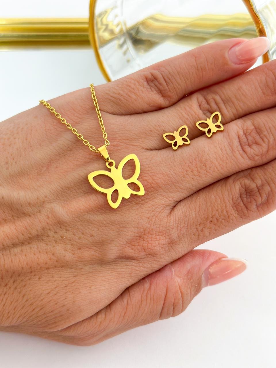 Conjunto Aço Inox Borboleta Vazada Dourado