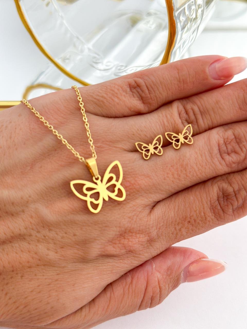 Conjunto Aço Inox Borboleta Vazada Dourado