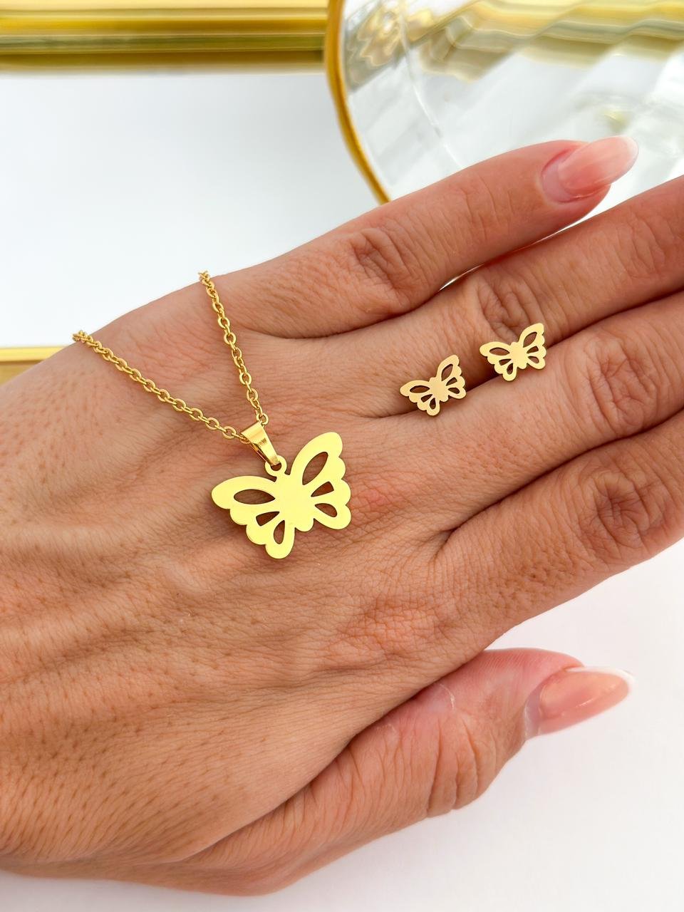Conjunto Aço Inox Borboleta Vazada Dourado