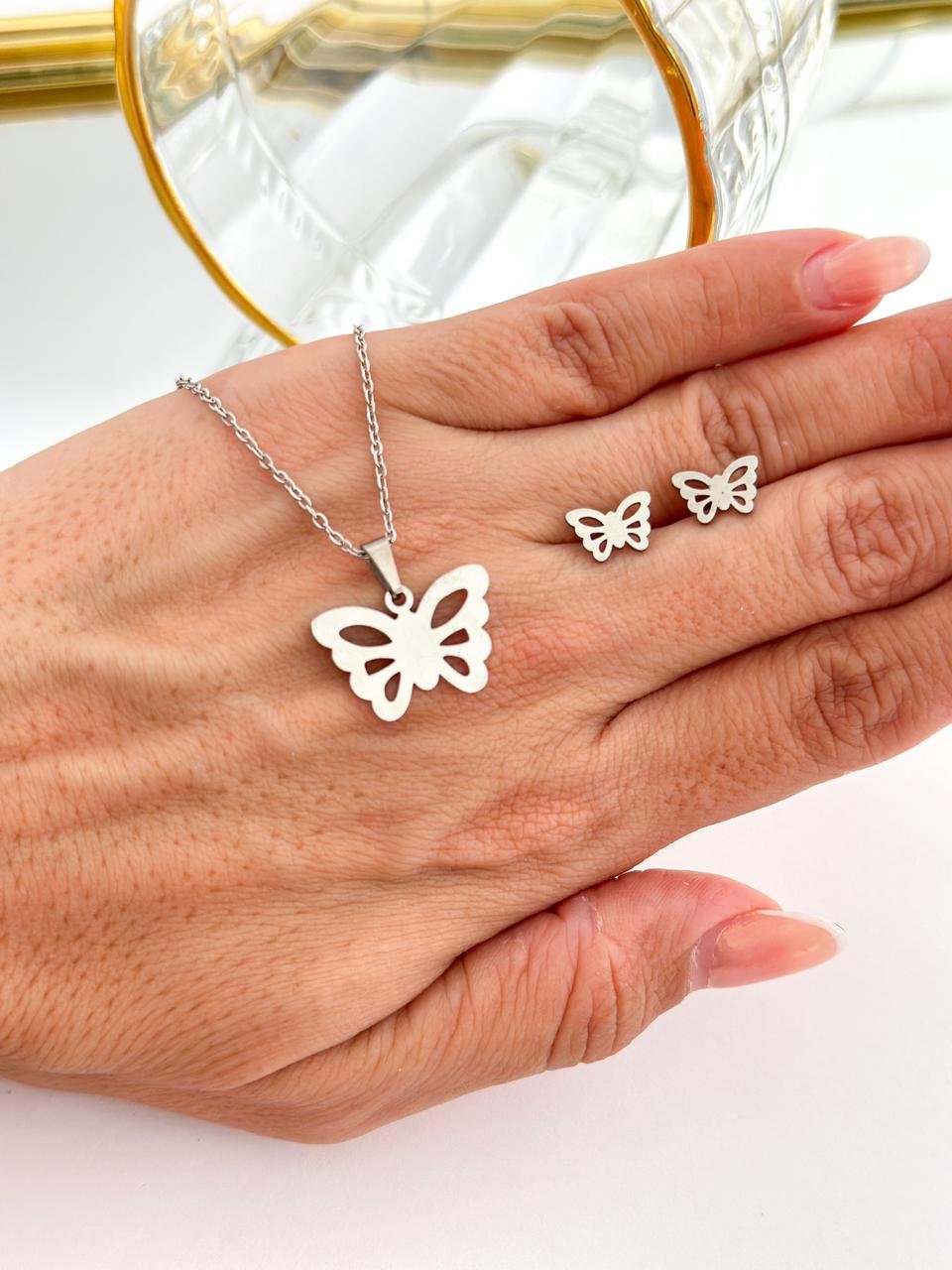 Conjunto Aço Inox Borboleta Vazada Prata 