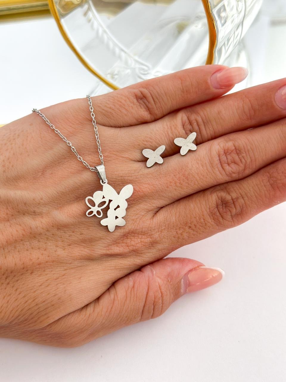 Conjunto Aço Inox Borboleta Vazada Prata 