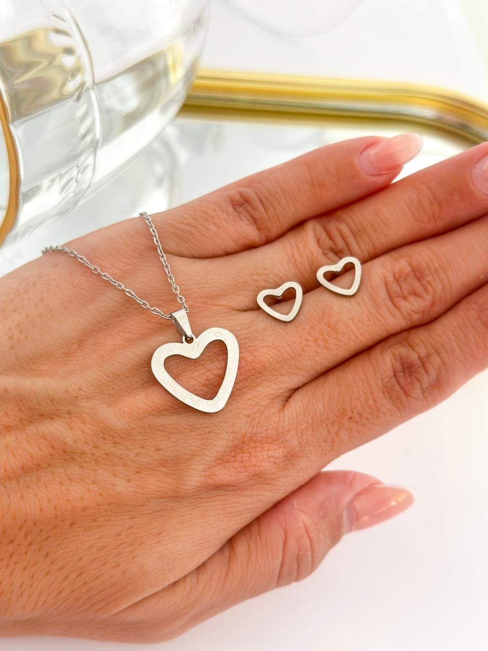 Conjunto Aço Inox Coração Vazado Prata 