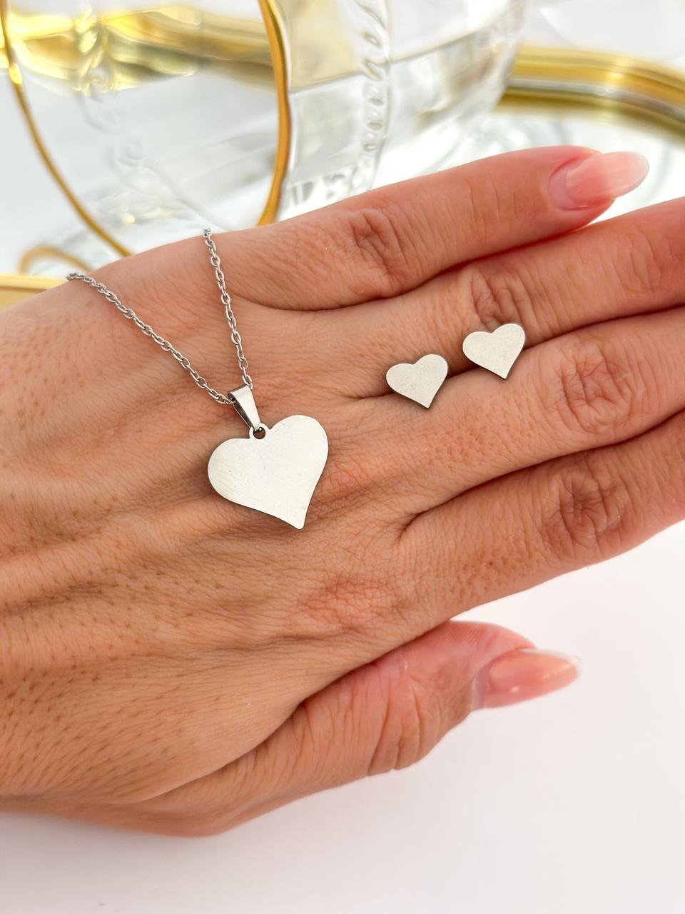 Conjunto Aço Inox Coração Prata