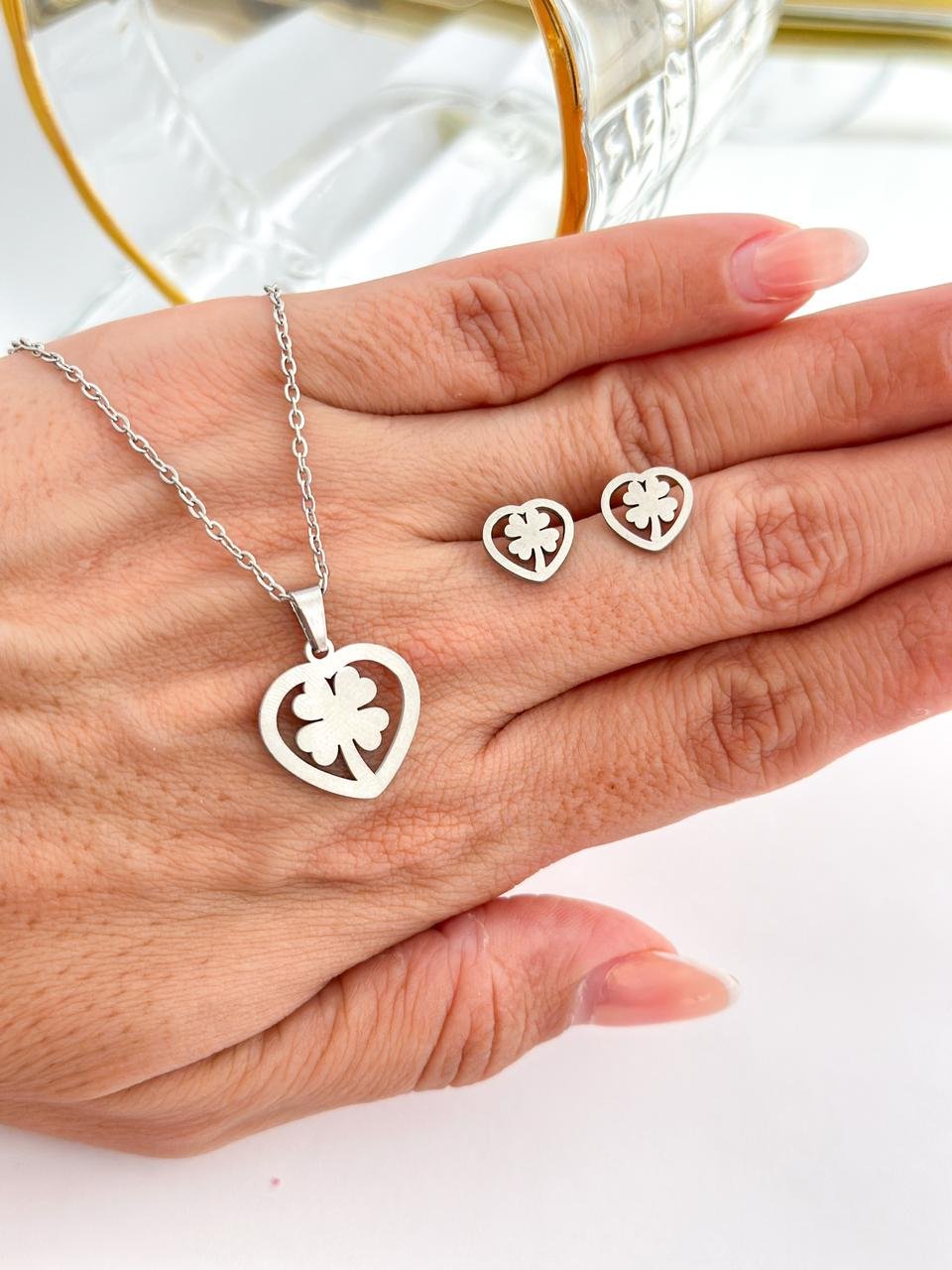 Conjunto Aço Inox Trevo Prata 