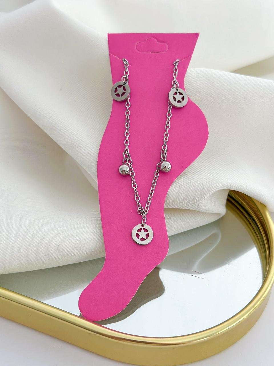 Tornozeleira Aço Inox Circulo Estrela Prata 