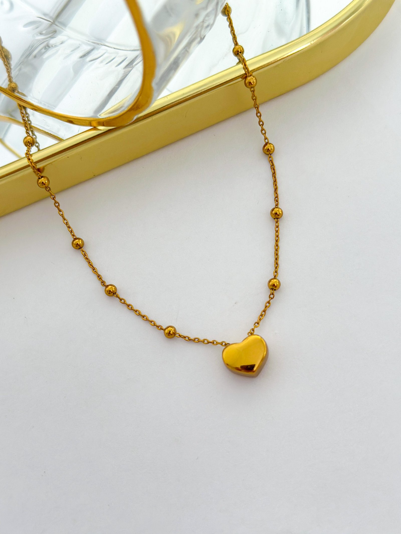 Colar Aço Inox Bolinha E Coração Dourada 