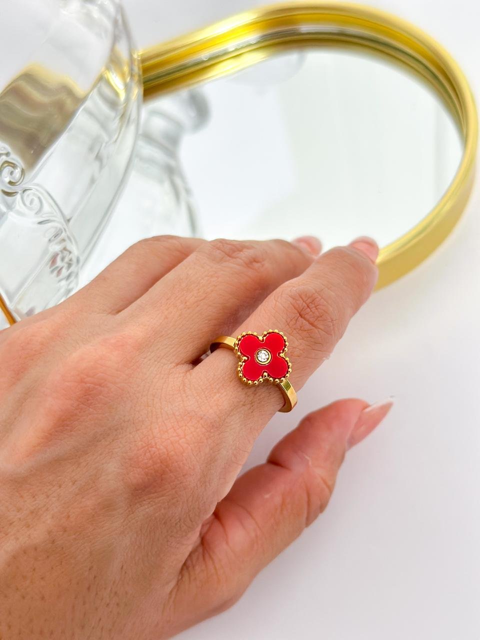 Anel Aço Inox Virginia Color Strass Vermelho Dourado