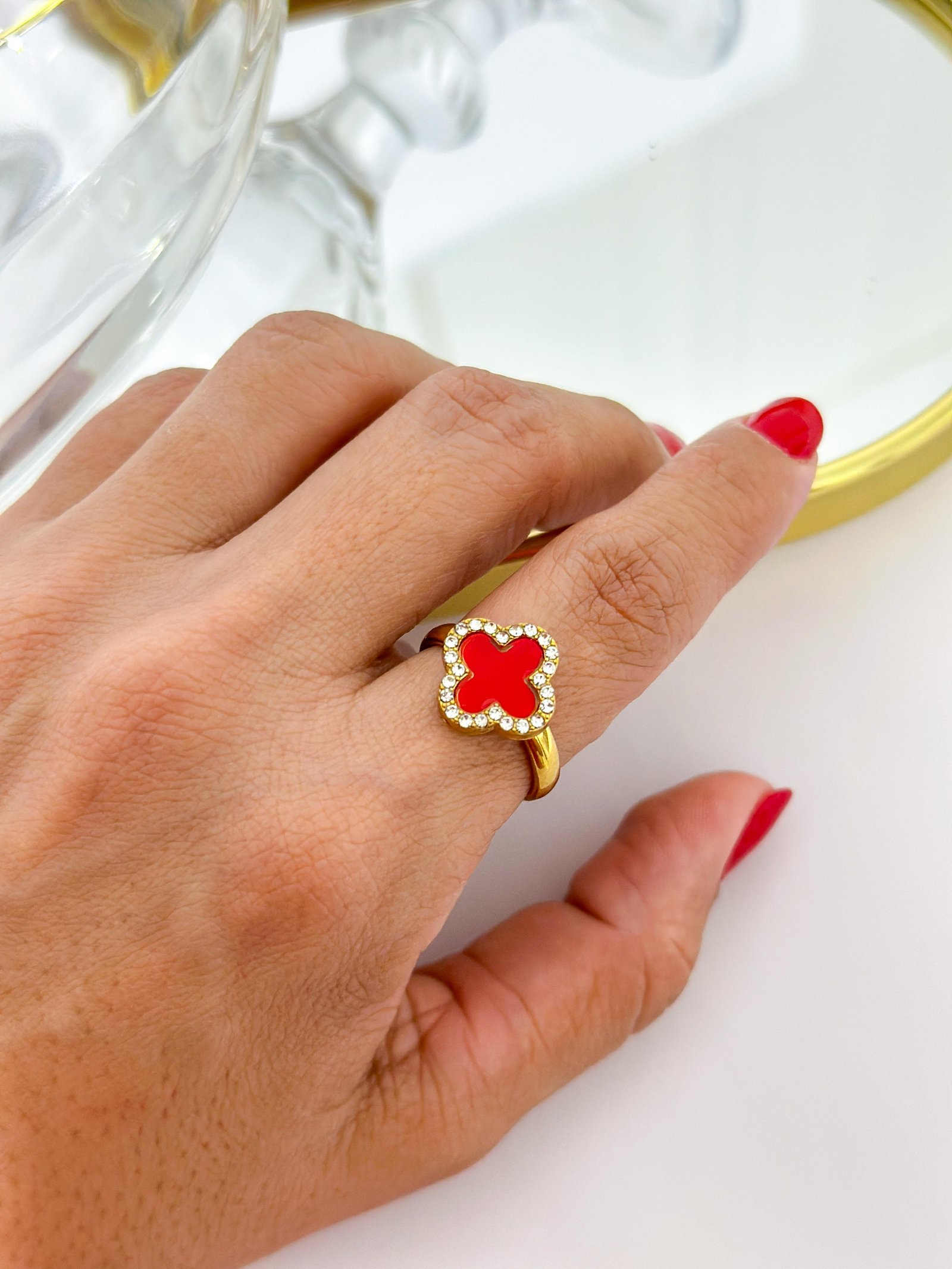 Anel Aço Inox Virginia Color Strass Vermelho Dourado	