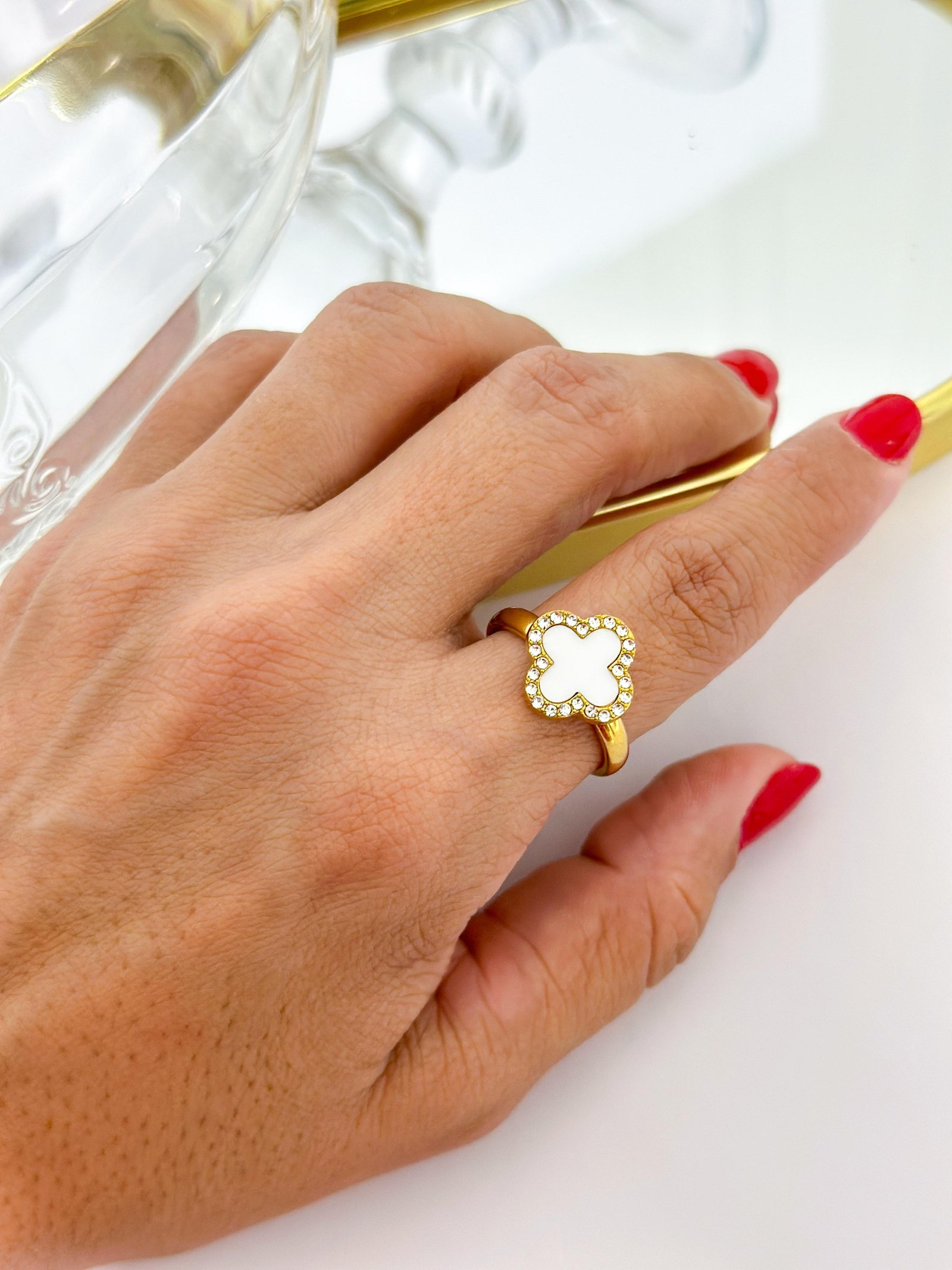 Anel Aço Inox Virginia Color Strass Branco Dourado	