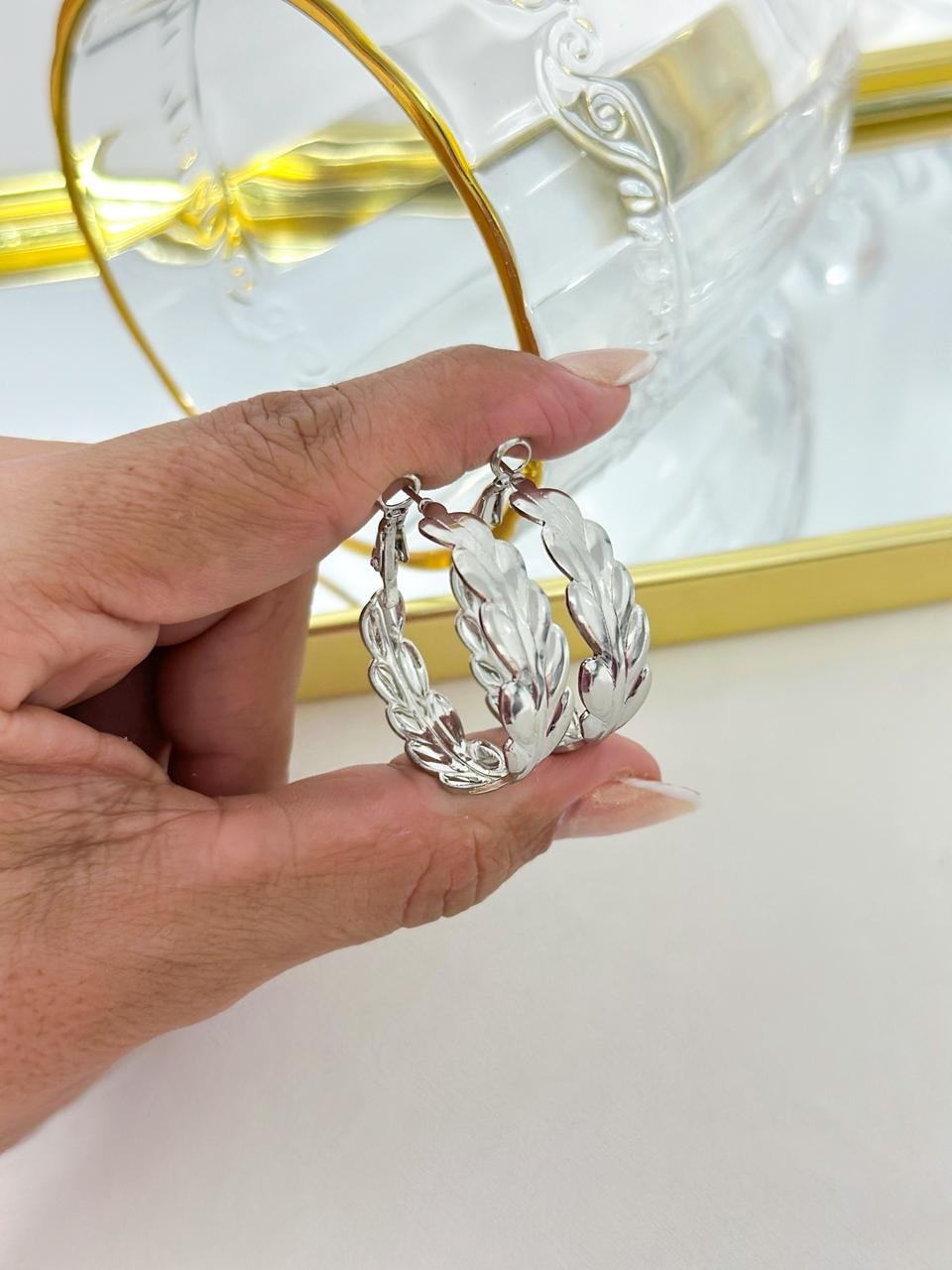 Argola Folheado Folha M Prata