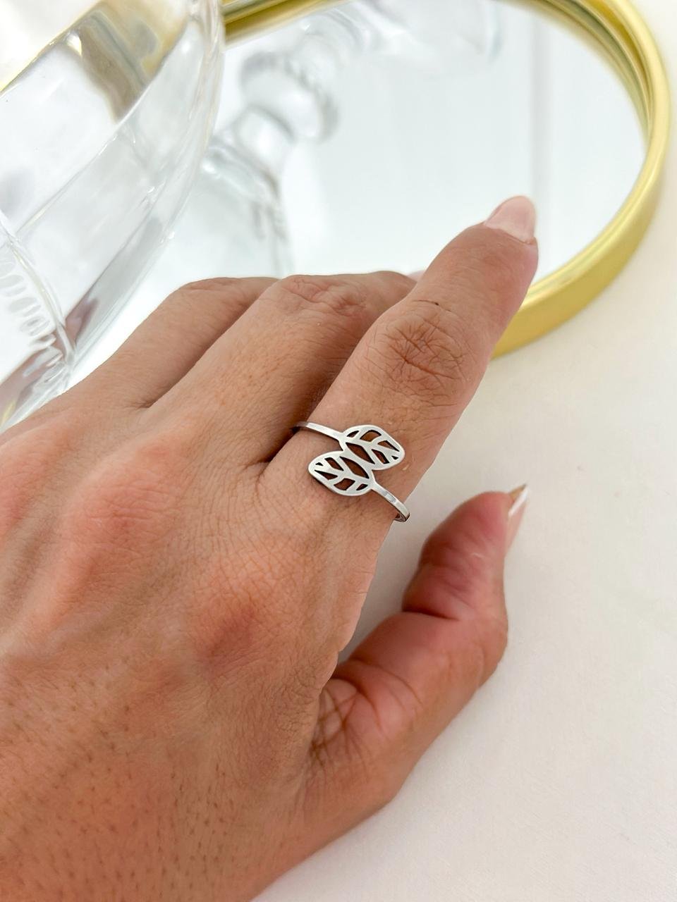 Anel Aço Inox Folhas Prata