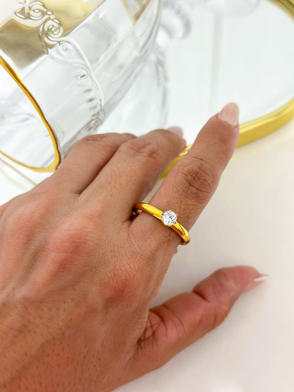 Anel Aço Inox Solitario Dourado