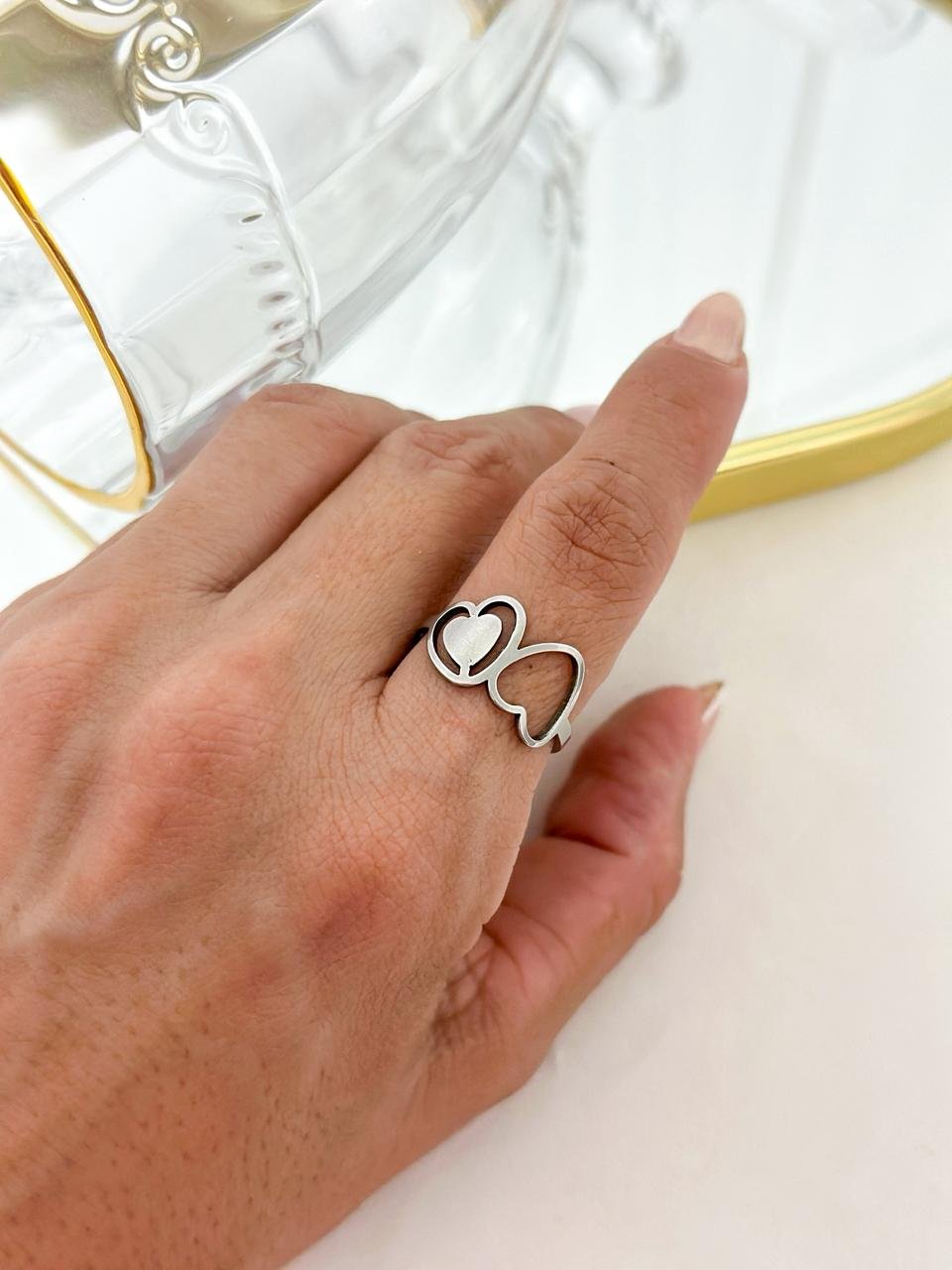 Anel Aço Inox Coração Duplo Prata 