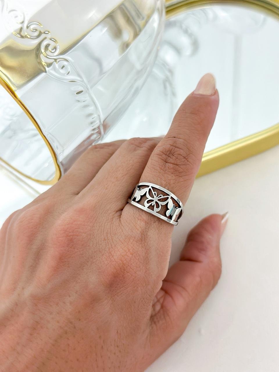 Anel Aço Inox Borboletas Prata 