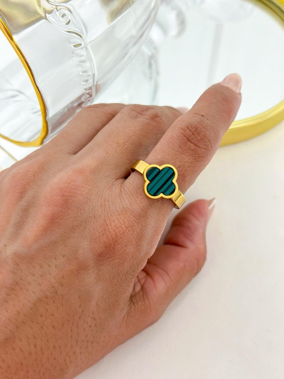 Anel Aço Inox Virginia Color Verde Dourado
