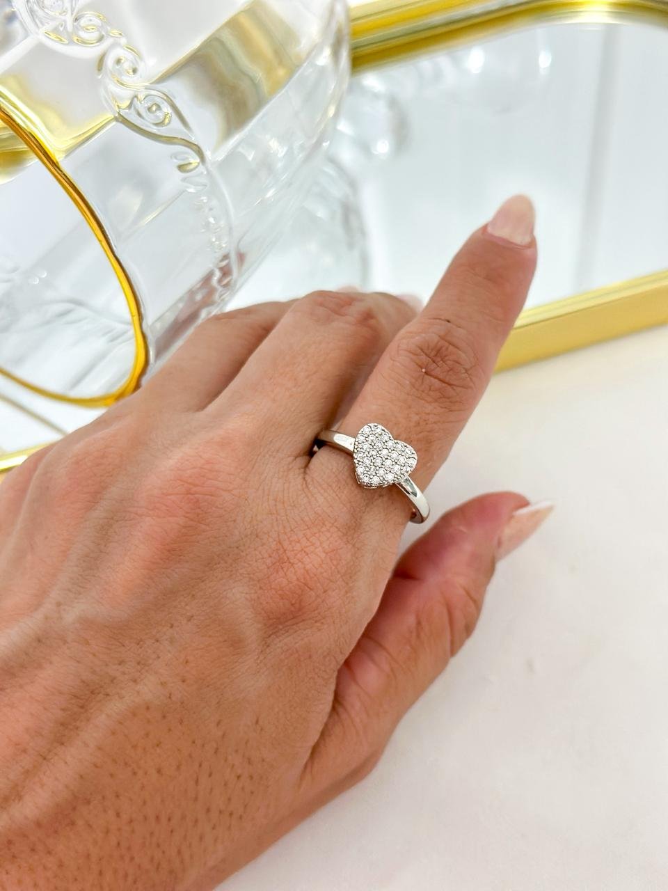 Anel Biju Coração Strass Prata 