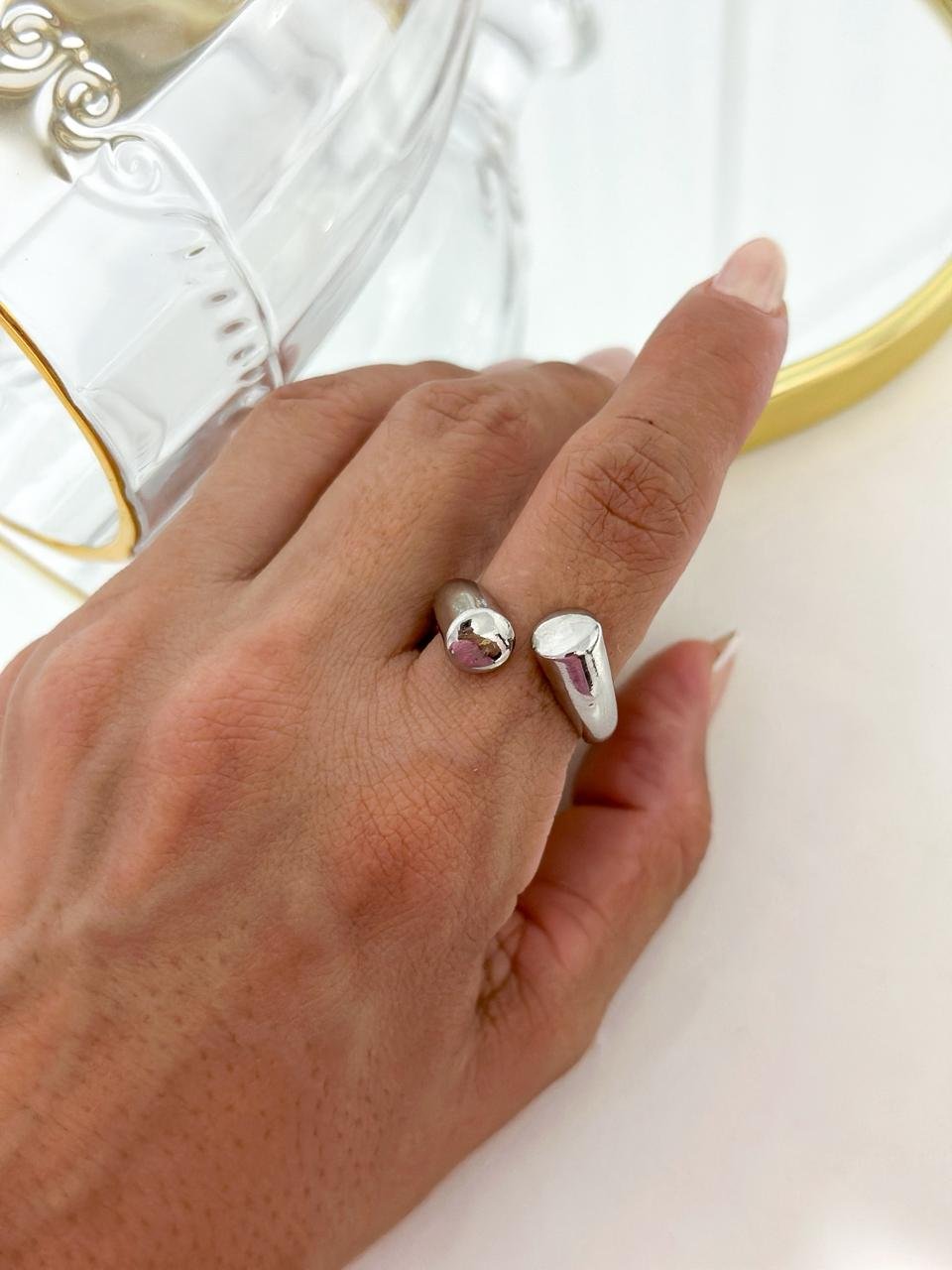 Anel Folheado Regulavel Prata 