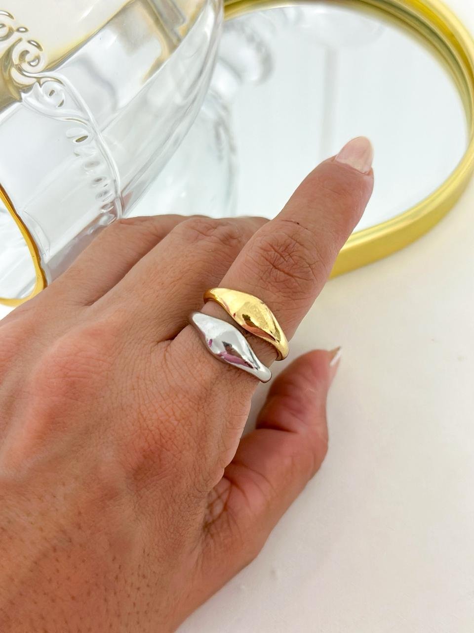 Anel Folheado 2 Em 1 Dourado/ Prata